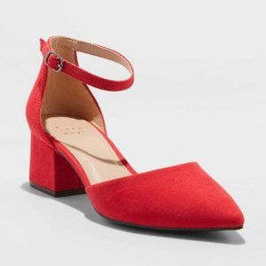 Natalia Pointed Toe Block Heeled Pumps Red